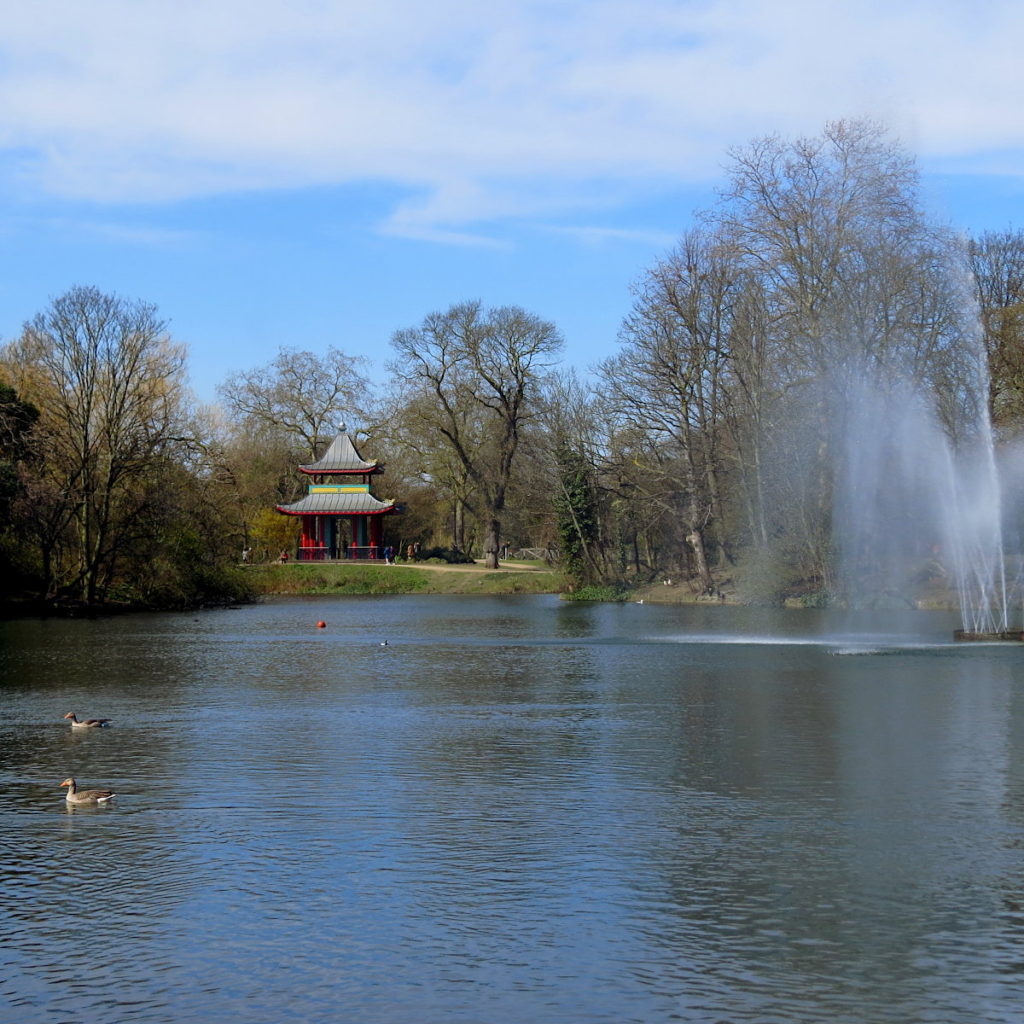 Chinese pagoda and West Boating Lake, Victoria Park